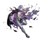  1boy belt black_cape cape clenched_teeth dagger damaged fire_emblem fire_emblem:_three_houses fire_emblem_heroes holding holding_dagger holding_knife holding_weapon knife leg_armor looking_at_viewer medium_hair official_art one_eye_closed purple_cape purple_eyes purple_hair solo teeth torn_cape torn_clothes weapon white_background yuri_leclerc 