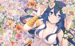  1girl armlet bare_shoulders blue_eyes blue_hair bracelet breasts closed_mouth collarbone crossed_bangs dress fire_emblem fire_emblem_awakening fire_emblem_heroes floral_background flower hair_between_eyes hair_flower hair_ornament jewelry long_hair looking_at_viewer lucina_(fire_emblem) lucina_(valentine)_(fire_emblem) official_alternate_costume sena_(jcwe4828) sleeveless sleeveless_dress small_breasts smile solo symbol_in_eye upper_body white_dress 