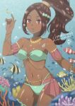  1girl bare_shoulders bikini brown_hair bubble circlet coral coral_reef dark-skinned_female dark_skin fire_emblem fire_emblem_engage fish flower hair_flower hair_ornament highres jewelry midriff navel necklace ponytail solo sparkle sparkling_eyes swimsuit tak0baka timerra_(fire_emblem) underwater water 