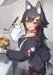  1girl absurdres akuto_(akuto_desu) animal_ears black_choker black_hoodie black_pantyhose blush choker cooking fang hair_between_eyes highres holding holding_ladle hololive hood hoodie ladle long_hair long_sleeves looking_at_viewer multicolored_hair ookami_mio ookami_mio_(3rd_costume) open_mouth pantyhose red_hair sidelocks skin_fang solo streaked_hair tail two-tone_hoodie upper_body very_long_hair virtual_youtuber white_hair white_hoodie wolf_ears wolf_girl wolf_tail 