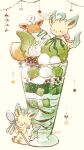  berry blue_ribbon blush chibi chocolate cream eevee highres holding holding_spoon leafeon milkshake music open_mouth pokemon pokemon_(creature) ribbon singing spoon temariame14 