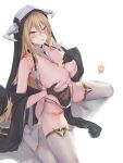  1girl absurdres azur_lane bare_shoulders between_breasts black_gloves blonde_hair blush breast_cutout breasts cleavage covered_navel fake_horns gloves habit hair_between_eyes highres horns huge_breasts implacable_(azur_lane) long_bangs long_hair looking_at_viewer manjuu_(azur_lane) nun pelvic_curtain red_eyes revealing_clothes shirt_slip sitting solo thighhighs thighs two-tone_dress veil very_long_hair wariza white_horns white_thighhighs zoppi 