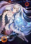  1girl absurdres black_gloves blue_eyes blue_hair breasts cleavage dress earth_(planet) fingerless_gloves full_body girls&#039;_frontline girls&#039;_frontline_neural_cloud gloves highres hubble_(girls&#039;_frontline_nc) jewelry large_breasts long_hair multicolored_eyes multicolored_hair necklace planet smile solo tomeyan very_long_hair white_dress white_hair yellow_eyes 