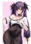  1girl absurdres animeattics black_eyes blush bodystocking breasts choker cleavage collarbone commentary contrapposto covered_navel cowboy_shot crop_top genshin_impact hair_between_eyes highres large_breasts licking_lips long_hair looking_at_viewer mona_(genshin_impact) no_headwear purple_hair tongue tongue_out 