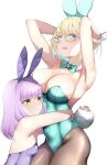 2girls absurdres aizawa_ema animal_ears armpits arms_behind_head bare_shoulders blonde_hair blue_eyes bow bowtie breasts brown_pantyhose covered_navel detached_collar fake_animal_ears glasses gradient_hair green_bow green_bowtie green_hair green_leotard height_difference highleg highleg_leotard highres hug kairi_(miry666) large_breasts leotard long_hair looking_at_viewer multicolored_hair multiple_girls pantyhose playboy_bunny purple_hair purple_leotard rabbit_ears rabbit_tail shinomiya_runa short_hair simple_background small_breasts strapless strapless_leotard tail traditional_bowtie virtual_youtuber vspo! white_background wing_collar wrist_cuffs yellow_eyes 