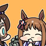  2girls :3 animal_ears aqua_eyes betting_ticket blue_bow blush_stickers bow brown_hair closed_eyes commentary domino_mask ear_bow ear_ornament el_condor_pasa_(umamusume) gambling grass_wonder_(umamusume) horse_ears horse_girl jazz_jack lowres maeda_rena mask money multiple_girls outline red_bow sailor_collar school_uniform sidelocks smile striped striped_bow summer_uniform sweat tracen_school_uniform two-tone_bow umamusume upper_body voice_actor_connection white_sailor_collar 