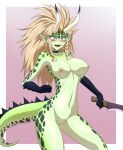  5_fingers asaricurry blush ear_piercing female fingers green_body hair holding_object horn humanoid knife long_hair monster nipples one-punch_man one_(manga) piercing raptora reptile scales scalie solo spots tail 