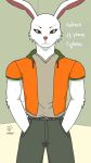  anthro anuvisur_(artist) bottomwear clothed clothing denim denim_clothing digital_media_(artwork) english_text fur happy hi_res jacket jeans lagomorph leporid long_ears looking_at_viewer male mammal pants rabbit shirt simple_background smile solo solo_focus standing t-shirt text topwear white_body white_fur 