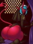  2023 3:4 bedroom_eyes big_butt blazbaros breasts butt clothing curtains eyelashes feet female hair hi_res horn humanoid humanoid_pointy_ears kneeling legwear looking_at_viewer looking_back looking_back_at_viewer narrowed_eyes not_furry nun_outfit open_mouth open_smile orange_eyes red_body red_skin seductive smile solo spade_tail succubus tail teal_hair thick_thighs 
