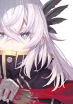  1girl black_cloak blue_eyes cloak crossed_bangs fate/grand_order fate_(series) feather_hair_ornament feathers hair_between_eyes hair_ornament red_cloak saika_magoichi_(fate) shirabi sidelocks solo white_hair 