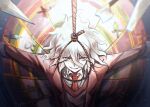  brown_jacket collared_shirt danganronpa_(series) danganronpa_3_(anime) dart green_vest grey_eyes grey_hair grin hair_between_eyes highres hope&#039;s_peak_academy_school_uniform jacket komaeda_nagito medium_hair natsu_(apfhd_77) necktie noose open_clothes open_jacket outstretched_arms red_necktie red_vest school_uniform shirt smile solo teeth upper_body vest white_shirt 