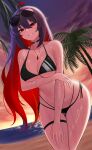  1girl absurdres aircell bare_shoulders bikini black_bikini black_hair colored_inner_hair dawn hair_between_eyes highres honkai_(series) honkai_impact_3rd jewelry long_hair looking_at_viewer multicolored_hair multiple_girls necklace ocean red_eyes red_hair seele_(alter_ego) seele_vollerei smile solo string_bikini swimsuit very_long_hair 