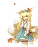  1girl absurdres animal_ears arknights autumn_leaves bag basket blonde_hair blue_hairband blue_skirt brown_bag cardigan chinese_commentary colored_tips commentary_request covering_mouth cross-laced_clothes cross-laced_skirt cross-laced_slit feet_out_of_frame fox_ears fox_girl fox_tail frilled_hairband frills green_eyes hair_ornament hair_scrunchie hairband hand_up high-waist_skirt highres holding holding_basket holding_leaf kitsune kyuubi leaf long_hair long_sleeves looking_at_viewer maple_leaf multicolored_hair multiple_tails neck_ribbon official_alternate_costume puffy_long_sleeves puffy_sleeves red_ribbon ribbon round_bag scrunchie shirt shoulder_bag simple_background skirt solo suzuran_(arknights) suzuran_(spring_praise)_(arknights) tail two-tone_hair white_background white_hair white_shirt yellow_cardigan ying_wei_jin_inexistenec 