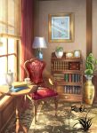  artist_logo book chair cup curtains desk_lamp indoors lamp no_humans original painting_(object) plant plate potted_plant scenery shadow shelf still_life table teapot vase xingzhi_lv 
