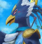  anthro avian beak blue_body blue_feathers braided_hair breath_of_the_wild feathers green_eyes hair hi_res hokurou093 male nintendo revali rito scarf sky smug solo the_legend_of_zelda 