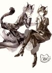  2girls animal_ears boots cat_ears cat_girl cat_tail closed_mouth crossed_legs dress dual_persona expressionless grey_background greyscale hair_between_eyes high_heel_boots high_heels long_sleeves looking_at_viewer moaomao_mo monochrome multiple_girls necktie original short_hair simple_background sketch tail thighhighs 