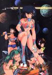  1boy 4girls absurdres animal_print armlet armor benten_(urusei_yatsura) bikini bikini_armor black_eyes black_hair blue_eyeshadow boots breasts brown_hair chain choker cleavage eyeshadow gloves green_eyes green_hair gun hair_ornament half-closed_eyes hand_on_own_leg highleg highleg_bikini highres holding holding_gun holding_weapon horns knee_boots kneeling long_hair looking_back lum makeup miyake_shinobu moroboshi_ataru multiple_girls non-web_source official_art oni oni_horns open_mouth pauldrons planet red_lips rifle sakura_(urusei_yatsura) short_hair shoulder_armor smile space spacecraft spacesuit standing_on_another&#039;s_head swimsuit tiger_print tongue tongue_out urusei_yatsura very_long_hair weapon 