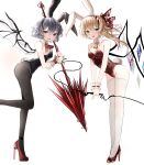  2girls :d absurdres animal_ears ascot bat_wings black_leotard blonde_hair bunny_day commentary crystal detached_collar english_commentary flandre_scarlet hair_ribbon high_heels highres holding holding_weapon laevatein_(touhou) leotard looking_at_viewer multiple_girls one_side_up open_mouth ougiikun playboy_bunny purple_hair rabbit_ears rabbit_tail red_ascot red_eyes red_footwear red_leotard red_ribbon remilia_scarlet ribbon short_hair siblings simple_background sisters smile spear_the_gungnir standing standing_on_one_leg tail thighhighs touhou weapon white_background white_thighhighs wings wrist_cuffs yellow_ascot 