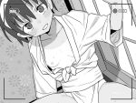  1girl barbarian_tk battery_indicator blush breasts fundoshi greyscale hair_between_eyes hairband happi japanese_clothes monochrome open_clothes original recording short_hair shouji sliding_doors small_breasts sweat tan tanlines 