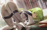  1girl all_fours ass bed bodysuit breasts c.c. closed_mouth code_geass fagi_(kakikaki) food green_hair high_heels long_hair looking_at_viewer on_bed pizza pizza_box solo top-down_bottom-up white_bodysuit yellow_eyes 