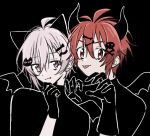  2boys animal_ears black_background black_gloves black_shirt brothers cat_ears cat_hair_ornament closed_mouth daiou_jou demon_horns demon_wings fake_animal_ears fang gloves hair_ornament hairpin horns idolish7 kujou_tenn male_focus multiple_boys nanase_riku open_mouth pink_eyes pink_hair red_eyes red_hair shirt siblings skull_hair_ornament tongue tongue_out twins wings 