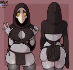  animal_mask beak_mask blush breasts butt cleavage cleavage_cutout clothed clothing female front_and_back front_view grey_body grey_skin hood humanoid legwear margaret_(vetisx) mask plague_doctor rear_view solo thick_thighs thigh_highs translucent translucent_clothing vetisx yellow_eyes 