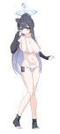  1girl alternate_costume animal_ears ass_visible_through_thighs bangs bare_shoulders bikini black_hair blue_archive breasts bridal_gauntlets collarbone covered_navel detached_collar flat_color green_eyes halo highleg highleg_swimsuit highres large_breasts long_hair looking_at_viewer nonsugar one-piece_swimsuit open_mouth ponytail shun_(blue_archive) sidelocks smile solo swimsuit thigh_strap thighs tiger_ears very_long_hair 