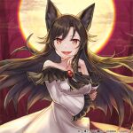  album_cover animal_ears bare_tree breasts brooch brown_hair check_commentary claws close-up commentary commentary_request cover dress evil_smile fangs floating_hair forest frilled_dress frilled_sleeves frills full_moon hand_on_own_arm hand_on_own_chin imaizumi_kagerou jewelry long_hair long_skirt long_sleeves medium_breasts midori_miyako moon nature night off-shoulder_shirt off_shoulder official_art red_brooch red_eyes red_skirt red_sky shirt skirt sky smile touhou touhou_cannonball tree werewolf white_dress wide_sleeves wolf_ears 