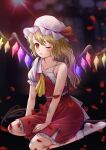  1girl blonde_hair buttons chibi collarbone flandre_scarlet flower full_body highres kneeling kyabekko laevatein_(touhou) orange_eyes petals red_eyes rose rose_petals short_sleeves side_ponytail skirt socks tearing_up torn_clothes touhou underwear weapon white_headwear white_socks wings 