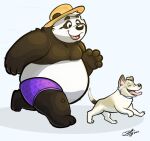  2023 anthro bear belly big_belly black_body bottomwear canid canine canis clothing domestic_dog duo eyes_closed feral giant_panda hat headgear headwear hi_res jakegr male mammal overweight overweight_male shorts simple_background tongue tongue_out white_body 
