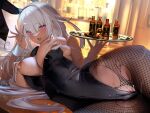  1girl :d absurdres alcohol animal_ears black_leotard black_necktie blurry blurry_background blush breasts depth_of_field fake_animal_ears fishnet_pantyhose fishnets hair_between_eyes highres holding holding_tray huge_nipples indoors kaede_(sayappa) large_breasts leotard leotard_pull long_hair looking_at_viewer lying necktie no_bra no_panties on_side original pantyhose pink_eyes playboy_bunny pussy_juice rabbit_ears saliva saliva_trail sidelocks skindentation smile solo sparkle strap_pull sweat tan teeth torn_clothes torn_pantyhose tray upper_teeth_only very_long_hair white_hair wide_hips wrist_cuffs 