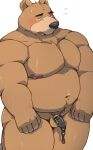  2023 anthro arufina_w bear black_nose blush bodily_fluids brown_body condom eyes_closed hi_res humanoid_hands kemono male mammal moobs musclegut nipples overweight overweight_male sexual_barrier_device simple_background solo tears wearing_condom 
