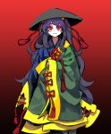  1girl absurdres ajirogasa black_hair blue_dress dress gradient_background green_dress hat highres horns long_hair long_sleeves looking_at_viewer monk nippaku_zanmu nunrb oni_horns open_mouth red_eyes smile solo touhou unfinished_dream_of_all_living_ghost wide_sleeves 