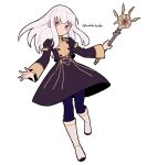  1girl artist_name do_m_kaeru fire_emblem fire_emblem:_three_houses full_body garreg_mach_monastery_uniform holding holding_staff jote leggings long_hair looking_at_viewer lysithea_von_ordelia purple_leggings solo staff white_background white_footwear 