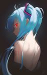 1girl absurdres arm_tattoo blue_hair closed_mouth cropped_torso from_behind hatsune_miku highres kikiis_art long_hair miku_day mole mole_under_eye number_tattoo profile red_eyes shoulder_blades signature solo tattoo twintails upper_body vocaloid 