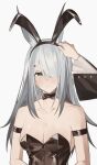  1girl absurdres anger_vein animal_ear_fluff animal_ears arknights black_bow black_bowtie black_leotard blush bow bowtie breasts cleavage extra_ears frostnova_(arknights) grey_eyes grey_hair hair_over_one_eye highres leotard long_hair long_sleeves looking_at_viewer medium_breasts out_of_frame playboy_bunny quanx70909457 rabbit_ears rabbit_girl scar scar_on_face scar_on_nose simple_background solo_focus strapless strapless_leotard upper_body white_background 