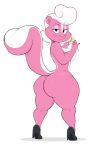  2023 absurd_res anthro big_butt breasts butt clothing female footwear fur heels_only hi_res high_heels looking_at_viewer looking_back looking_back_at_viewer mammal mephitid multicolored_body multicolored_fur nude pink_body pink_fur simple_background skunk smile smiling_at_viewer solo standing two_tone_body two_tone_fur usnarbit white_body white_fur 