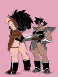  2boys absurdres aco_(aco_rz) ass_grab ass_lift bara black_hair couple dark_skin dragon_ball dragon_ball_z full_body grabbing_another&#039;s_ass groping highres large_pectorals leg_wrap long_hair looking_at_ass male_focus mature_male monkey_tail multiple_boys muscular muscular_male pectorals pink_background raditz sanpaku short_hair sidepec spiked_hair tail tail_around_waist thick_eyebrows tullece yaoi 