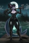  absurd_res anthro axe big_breasts bodysuit breasts clothing corset female fish goth hi_res latex lingerie marine murderer rubber rubber_clothing rubber_suit shark skinsuit solo thick_thighs tight_clothing topwear transfaled_(fwexz) 