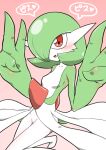  1girl blush bob_cut breasts collarbone colored_skin commentary_request double_v gardevoir gradient_background green_hair green_skin groin hair_over_one_eye hands_up happy heart kazamidoririnn looking_at_viewer multicolored_skin one_eye_covered open_mouth partial_commentary pink_background pokemon pokemon_(creature) red_eyes shiny_skin short_hair simple_background small_breasts smile solo speech_bubble spoken_heart talking translated two-tone_skin v white_skin 