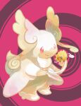  audino creature hinekure joltik mega_audino mega_pokemon no_humans nose_bubble pink_background pokemon pokemon_(creature) red_eyes size_difference sleeping smile spiral_background spoken_zzz thought_bubble white_fur zzz 