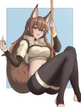  1girl :d animal_ear_fluff animal_ears arknights black_choker black_pants breasts brown_eyes brown_hair choker commentary crop_top cropped_jacket fangs_(fangs_art) fox_ears franka_(arknights) franka_(rainforest_me_rainbow)_(arknights) hands_up highres jacket keychain leggings liskarm_(arknights) long_hair long_sleeves looking_at_viewer medium_breasts midriff navel official_alternate_costume open_clothes open_jacket open_mouth pants smile solo stomach thighs very_long_hair 