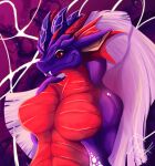  abstract_background anthro big_breasts breasts dragheti dragon fangs fantomu_(fantomartz) female frill_(anatomy) hair hands_behind hi_res horn long_hair multi_horn purple_hair smile solo teeth wingless_dragon 