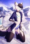  2023 5_fingers anthro arctic_fox artist_name canid canine casual_exposure clothing cloud digital_media_(artwork) fingers fox fur fur_markings hi_res kunstwaffe looking_at_viewer male mammal markings one_eye_closed outside scenery signature sky smile solo topwear 