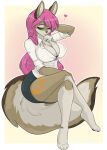  &lt;3 anthro arctic-sekai arctic_wolf big_breasts bottomwear breasts brown_body brown_fur canid canine canis cleavage clothed clothing female fur green_eyes hair hi_res long_hair mammal mature_female one_eye_closed pink_hair sitting skirt solo wink wolf 