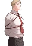  1boy alternate_costume alternate_facial_hair arms_behind_back bara bdsm bondage bound collared_shirt highres large_pectorals looking_at_viewer looking_to_the_side male_focus muscular muscular_male necktie pectorals red_necktie red_rope reiner_braun rope saki00 salaryman shibari shingeki_no_kyojin shirt short_hair sideburns solo standing underbust 