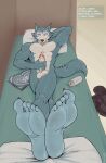  2023 abs absurd_res anthro balls beastars bed bedroom biceps big_balls big_feet big_penis bottle canid canid_kaiba canine canis claws clothing container crossed_legs dialogue english_text erection feet foot_fetish footwear fur furniture genitals hand_behind_head hi_res humanoid_feet humanoid_genitalia humanoid_penis hypnosis inside legoshi_(beastars) lying magazine male mammal masturbation mind_control motion_lines muscular muscular_anthro muscular_male nude on_back on_bed open_mouth open_smile pecs penile penile_masturbation penis pillow plantigrade sandals scar smile soles solo teeth text toe_claws tongue tuft wolf 