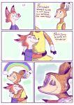  4_fingers anthro black_eyes brown_body canid canine clothed clothing comic deer dress duo embrace female fingers fox hi_res hug male mammal rainbow red_body renita_reed shirt smile spanish_text text topwear 