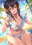  1girl beach bikini black_hair blue_sky breasts brown_eyes cloud commentary_request day food hagure_keg hair_between_eyes highres holding holding_spoon large_breasts medium_hair ocean open_mouth original outdoors palm_tree parasol shaved_ice sitting sky solo spoon summer swimsuit teeth tree umbrella wariza wet wet_hair white_bikini 