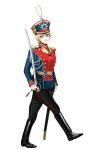  1girl belt black_footwear blonde_hair blue_eyes boots buttons double-breasted epaulettes full_body gloves gorget hat highres holding holding_sheath holding_sword holding_weapon holster katyusha_(98269886) long_sleeves looking_to_the_side marching military military_hat military_uniform mole mole_under_eye officer open_mouth original pants plume russia russian_army russian_empire saber_(weapon) scabbard shako_cap sheath sidelocks simple_background smile solo standing sword uniform unsheathed weapon white_background white_gloves world_war_i 